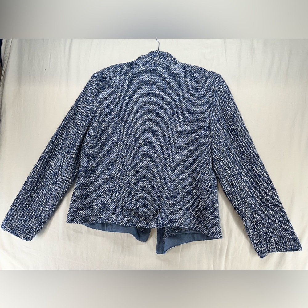 Talbots Blue Tweed Drape Open Front Blazer Classic Womens Size L Petite NEW - Picture 2 of 8